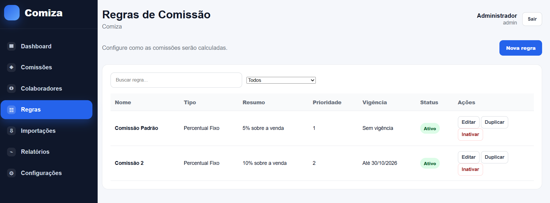 Tela de regras de comissão do Comiza